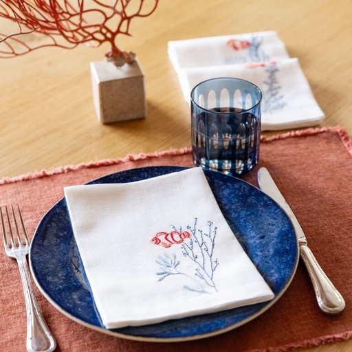 POISSONS & CORAUX ATOLL - 8 Serviettes de Table en Lin Blanc